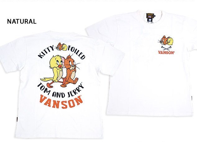 vanson×TOM＆JERRY 天竺半袖Tシャツ◆vanson ナチュラルLサイズ TJV-2423 バンソン ヴァンソン トムとジェリー 刺繍_画像1