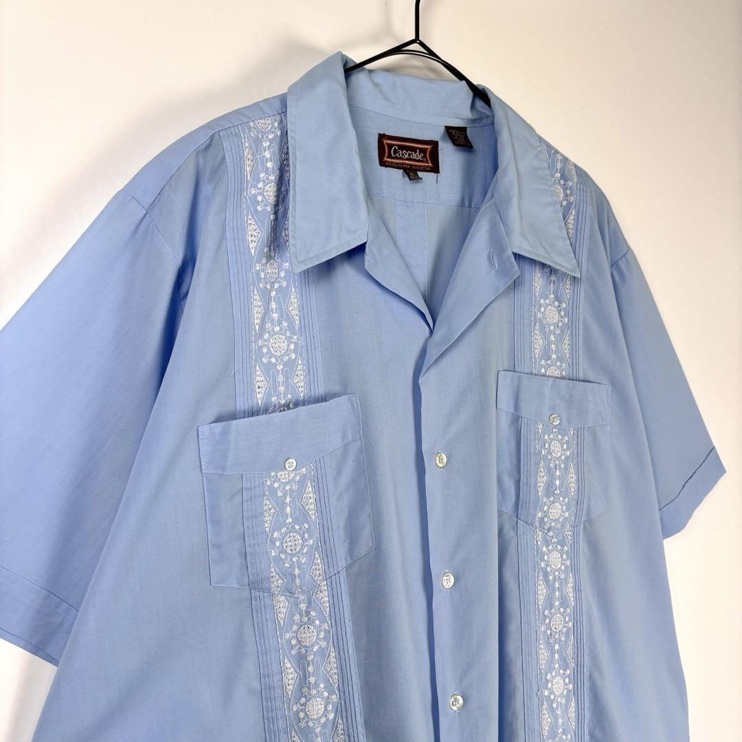 90s 古着 キューバシャツ 開襟シャツ 半袖 ライン 刺繍 水色 ブルー XL_画像4