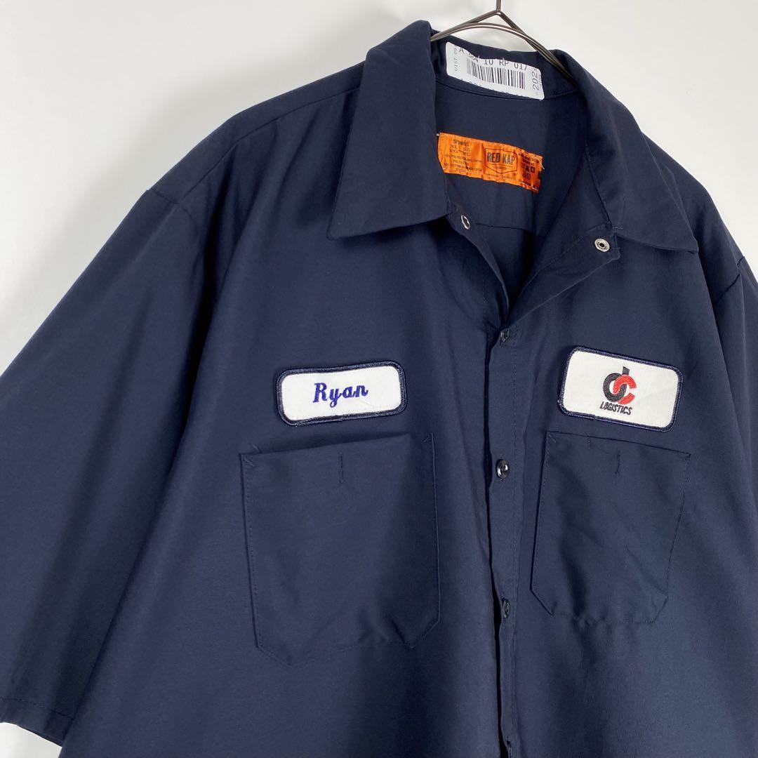 USA古着 REDKAP 企業系 ワークシャツ 半袖 ワッペン ネイビー XL