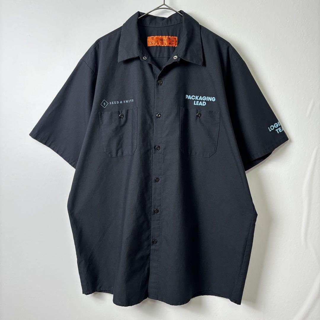 古着 REDKAP ワークシャツ 半袖 開襟 バックロゴ 企業系 ブラック XL_画像2