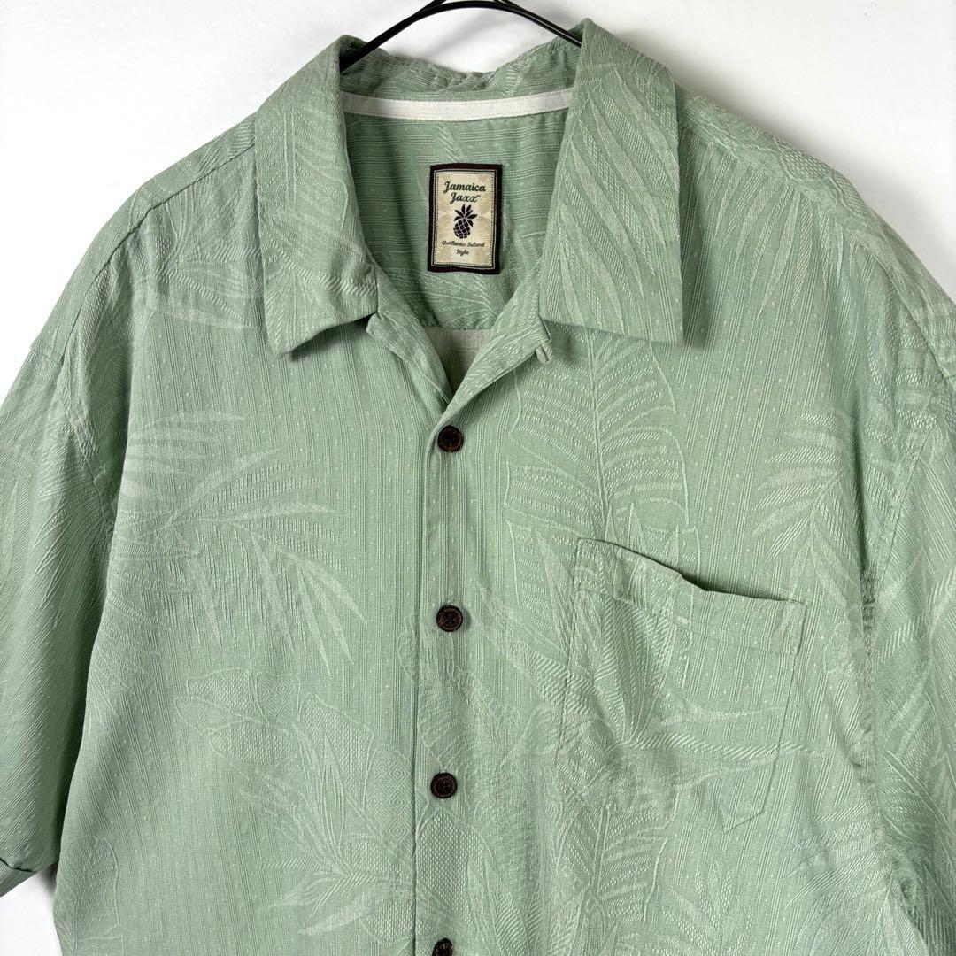 USA古着 開襟シャツ 半袖 シルク アロハ 総柄 刺繍 和柄 グリーン 2XL