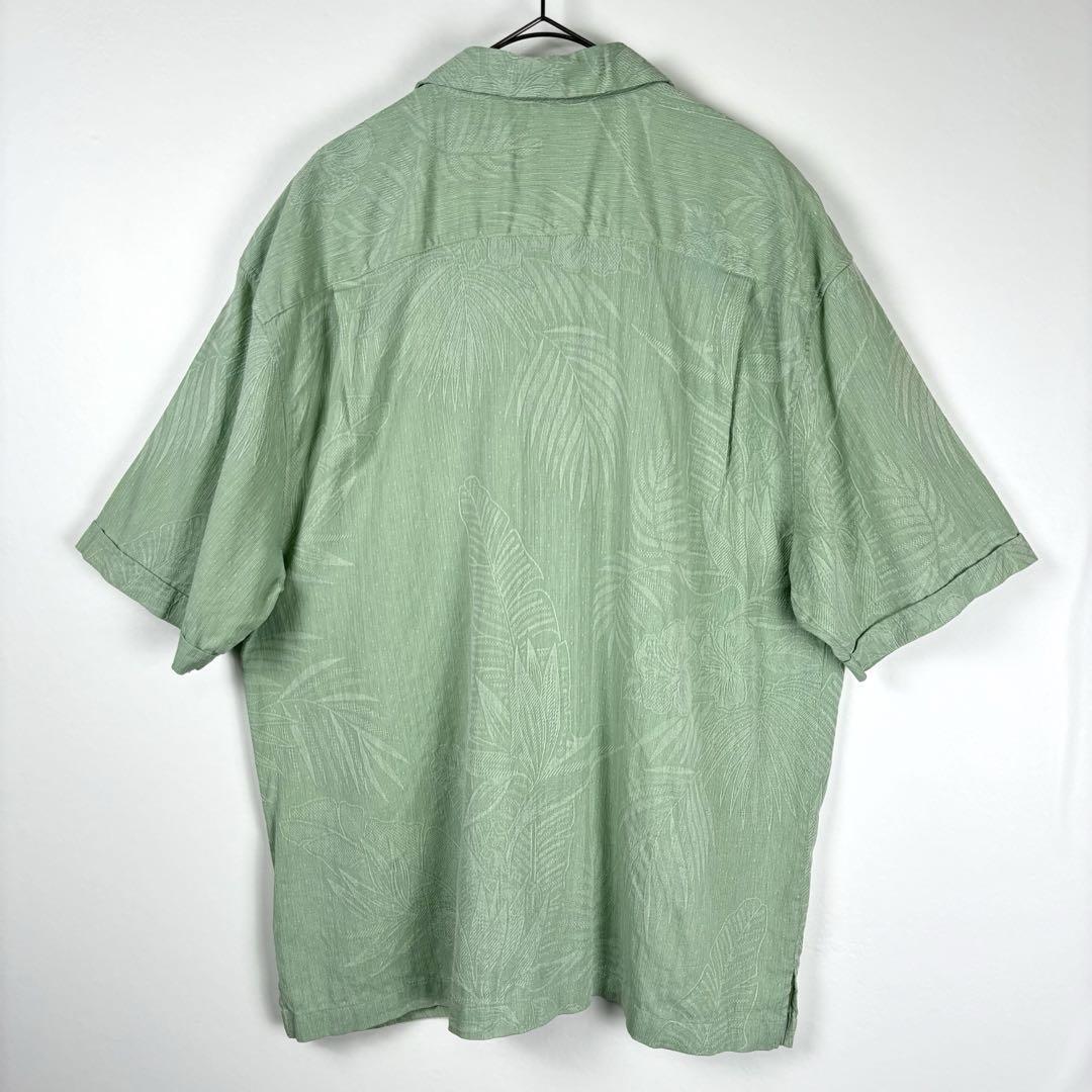 USA古着 開襟シャツ 半袖 シルク アロハ 総柄 刺繍 和柄 グリーン 2XL