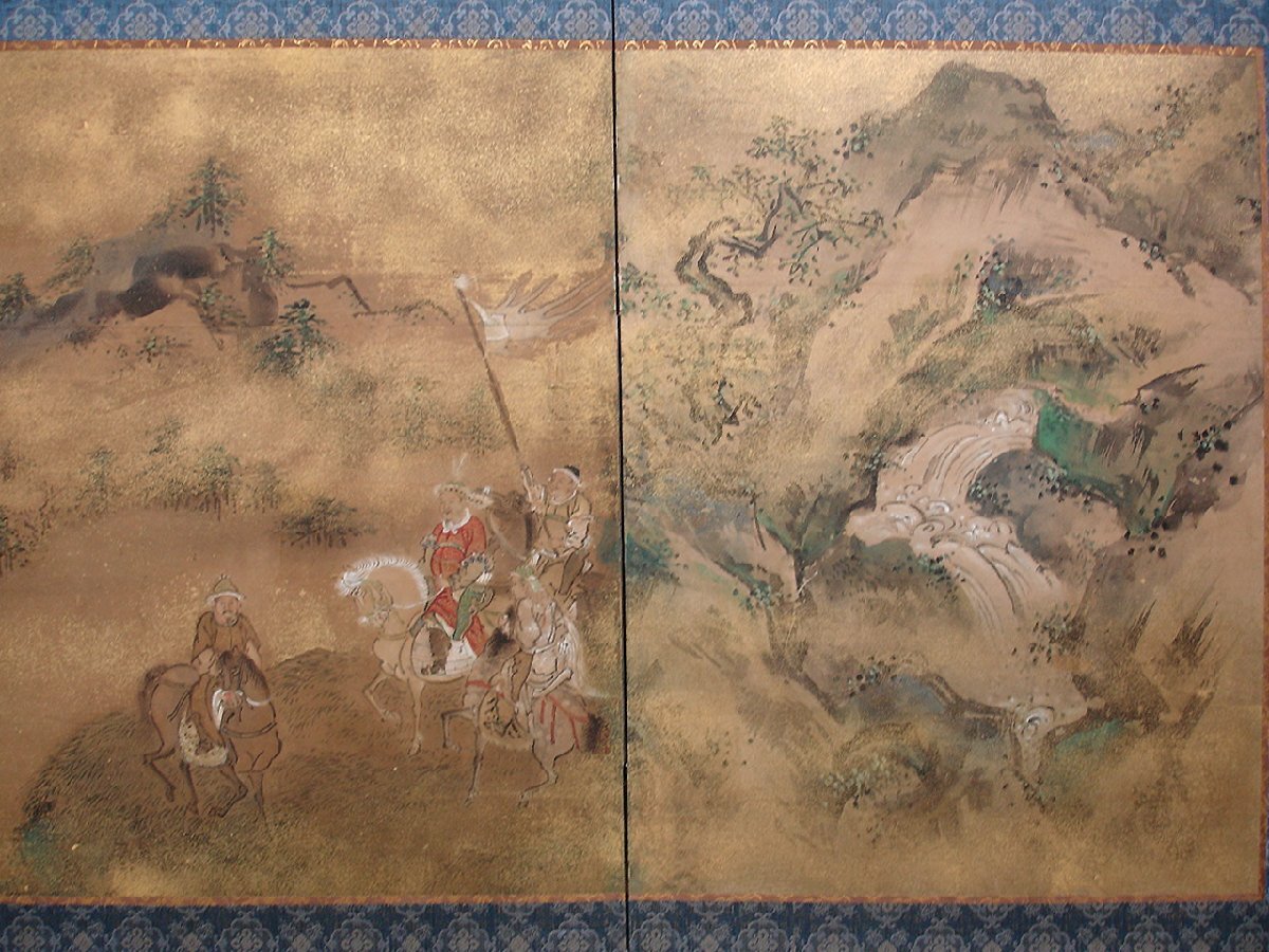 慶應◆江戸時代 狩野派の力作 肉筆古画 紙本彩色 韃靼人狩猟図屏風 八曲一隻_画像2