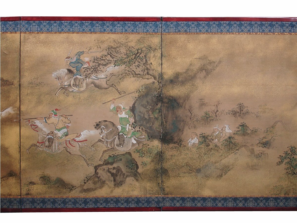 慶應◆江戸時代 狩野派の力作 肉筆古画 紙本彩色 韃靼人狩猟図屏風 八曲一隻_画像4