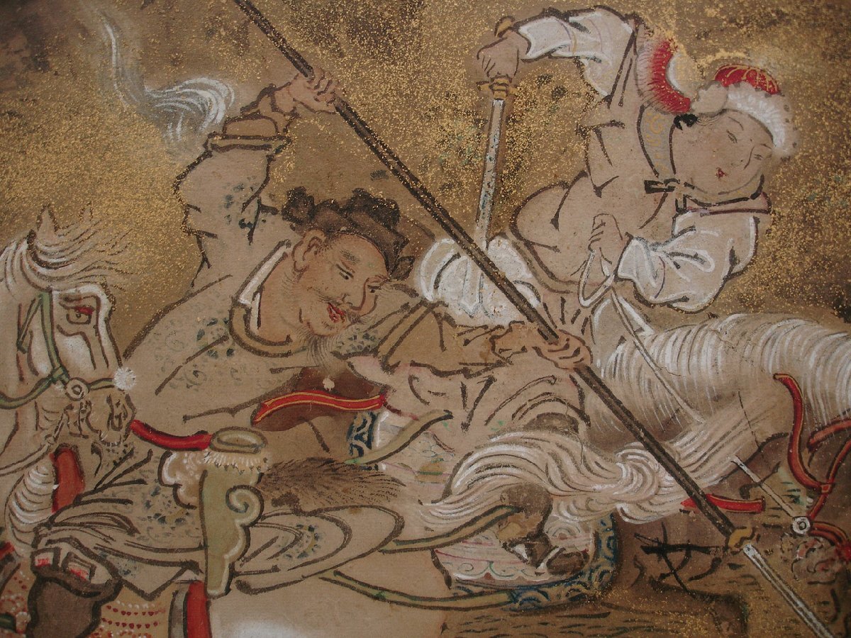 慶應◆江戸時代 狩野派の力作 肉筆古画 紙本彩色 韃靼人狩猟図屏風 八曲一隻_画像8