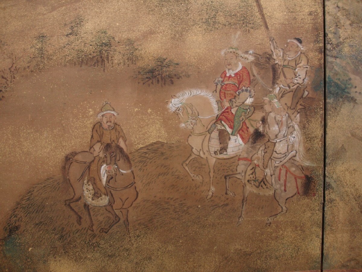 慶應◆江戸時代 狩野派の力作 肉筆古画 紙本彩色 韃靼人狩猟図屏風 八曲一隻_画像3