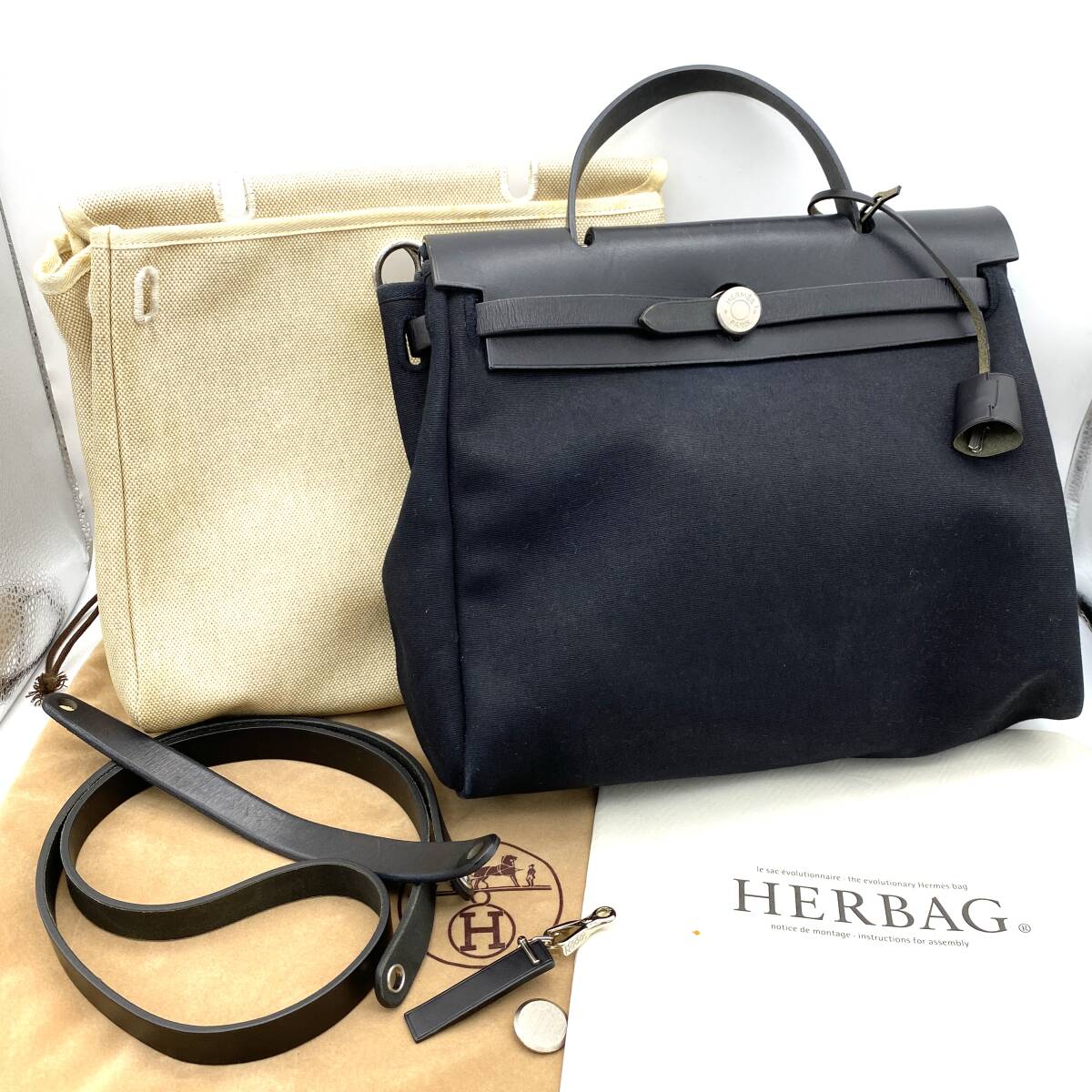 AY0961■HERMES エルメス エールバッグ トワルオフィシエ ハンドバッグ ショルダーバッグ 2wayバッグ □D ブラック ナチュラル カデナ 鍵_画像1