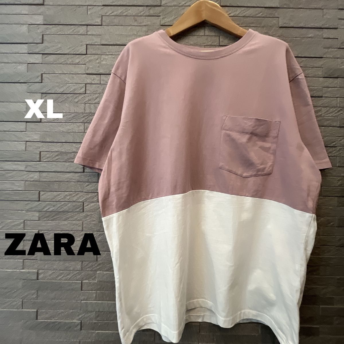 ザラ ZARA 半袖Tシャツ XL バイカラー 半袖トップス ピンク×ホワイト　クルーネック カットソー　スエット　ルームウェア