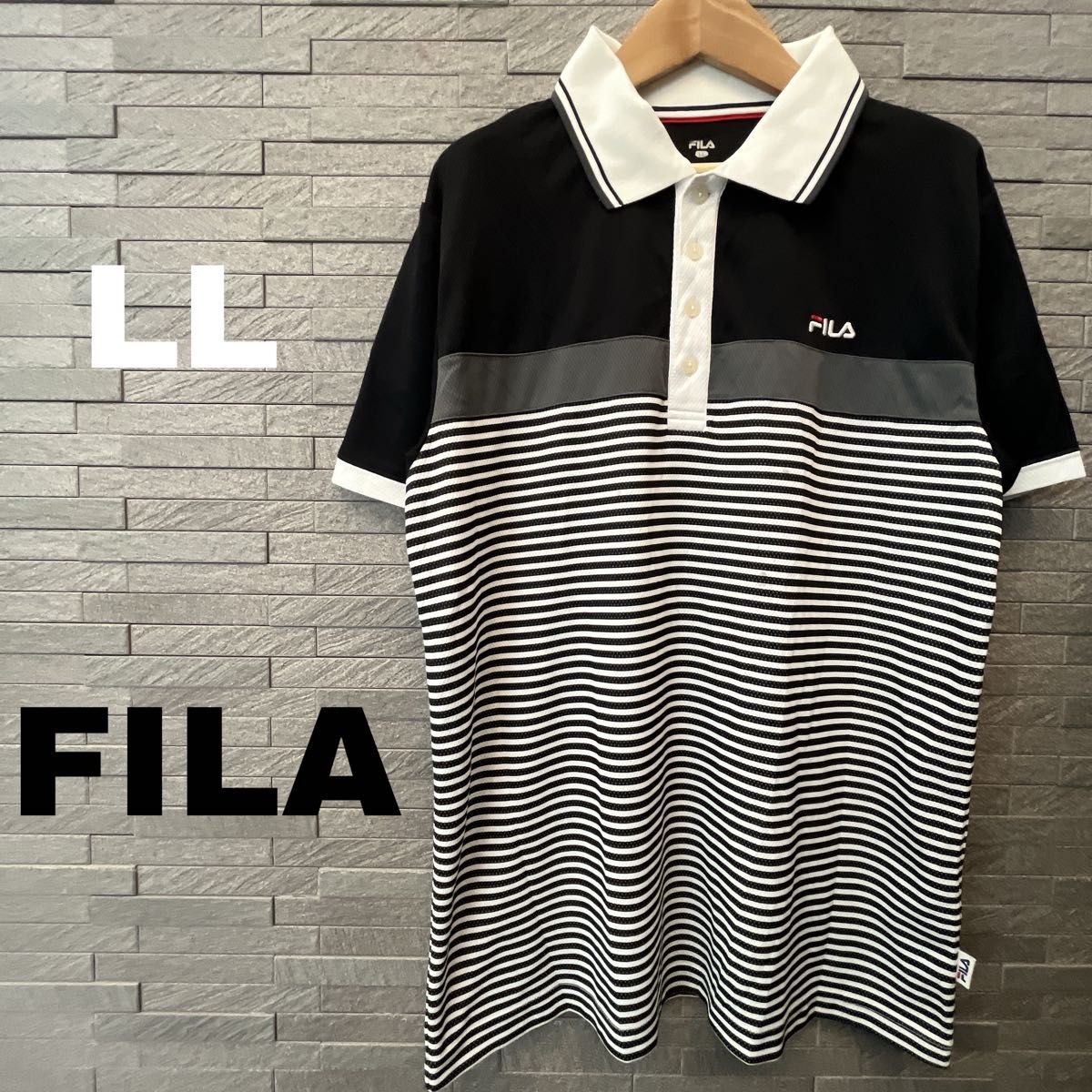 FILA フィラ メンズ 半袖 ポロシャツ LLサイズ ボーダー　ブラック×ホワイト　大きいサイズ ビッグサイズ 半袖トップス
