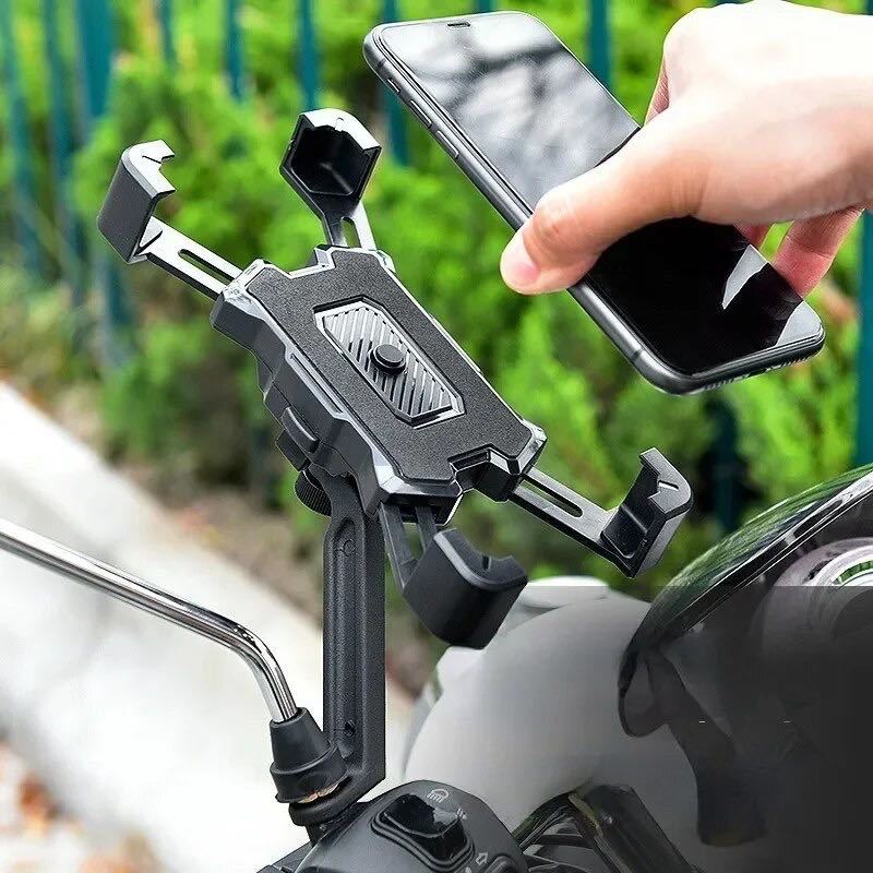 バイク オートバイ スクーター スマートフォン フォルダー スマホホルダー ワンタッチ装着 便利グッズ ミラー取り付けアタッチメント付属の画像1
