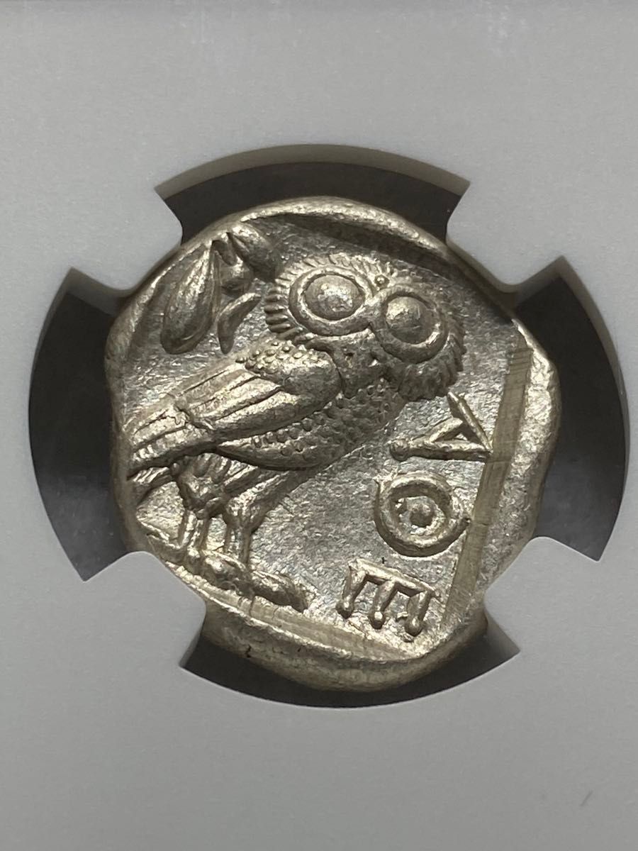 紀元前440-404年 古代ギリシャ アテネ テトラドラクマ銀貨 フクロウ NGC CHAU 4/5 4/5 高鑑定品！