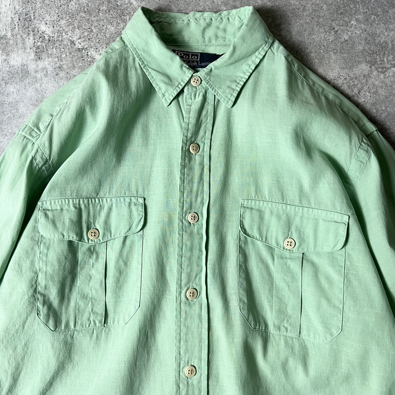 90s POLO RALPH LAUREN 長袖 リネン コットン シャツ L / 90年代 ポロ ラルフローレン 無地 オールド グリーン_画像2