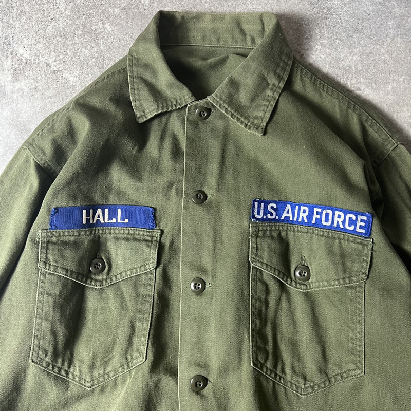 60s US ARMY OG-107 хлопок атлас служебная программа рубашка 2nd рубашка рукав / 60 годы Vintage милитари жакет 