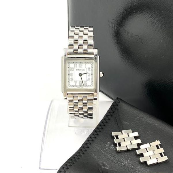 仙35 TIFFANY＆Co. クラシック スクエア レディース 腕時計 クォーツ ホワイト文字盤 ティファニー コマ付きの画像1