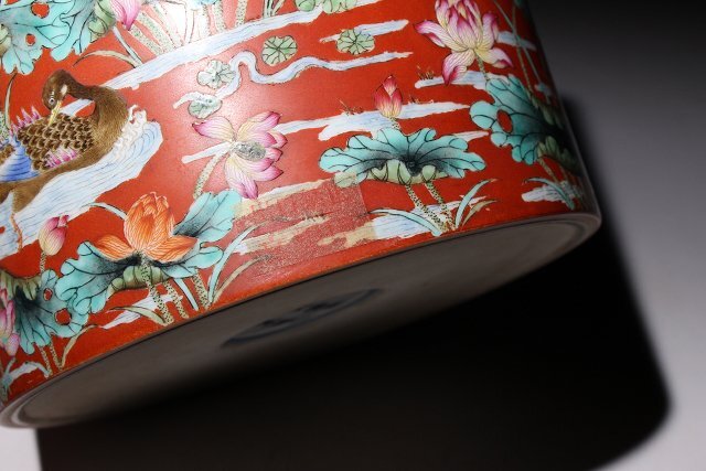 博物館展示品　来歴有　148　清時代　雍正年製粉彩筆筒　幅約19.4cm　(検)書道具 唐物 中国美術_画像4