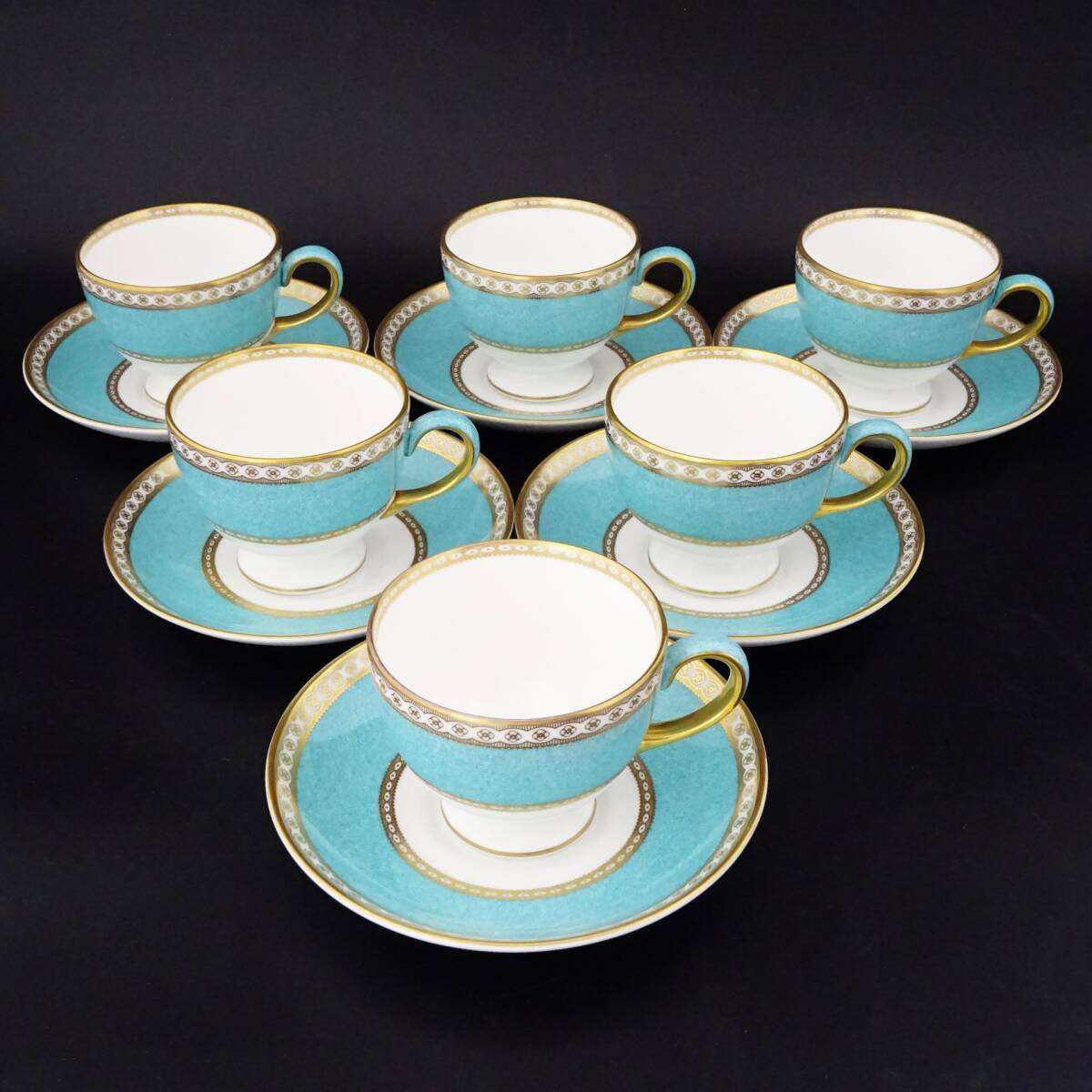 ウェッジウッド ユーランダーパウダーターコイズ コーヒーカップ＆ソーサー 計6客 金彩 洋食器 WEDGWOOD 80サイズ発送 KK-2701422-302-mrrz_画像1