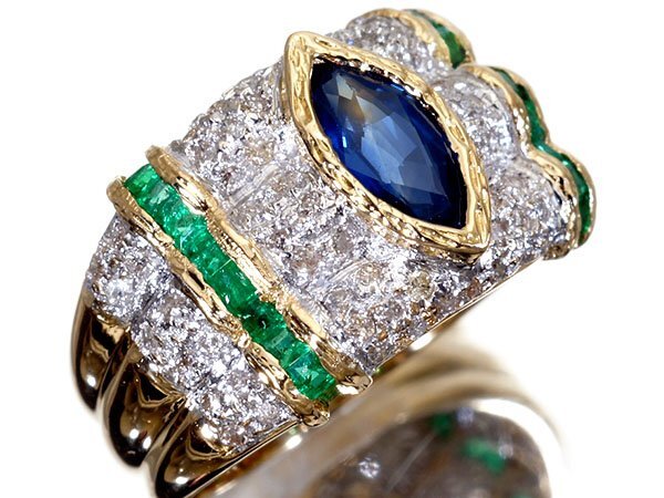 1 jpy ~[ jewelry ultimate ] good quality natural blue sapphire 0.85ct& natural emerald 0.50ct& diamond 0.41ct high class K18YG&K18WG ring k8582gv[ free shipping ]