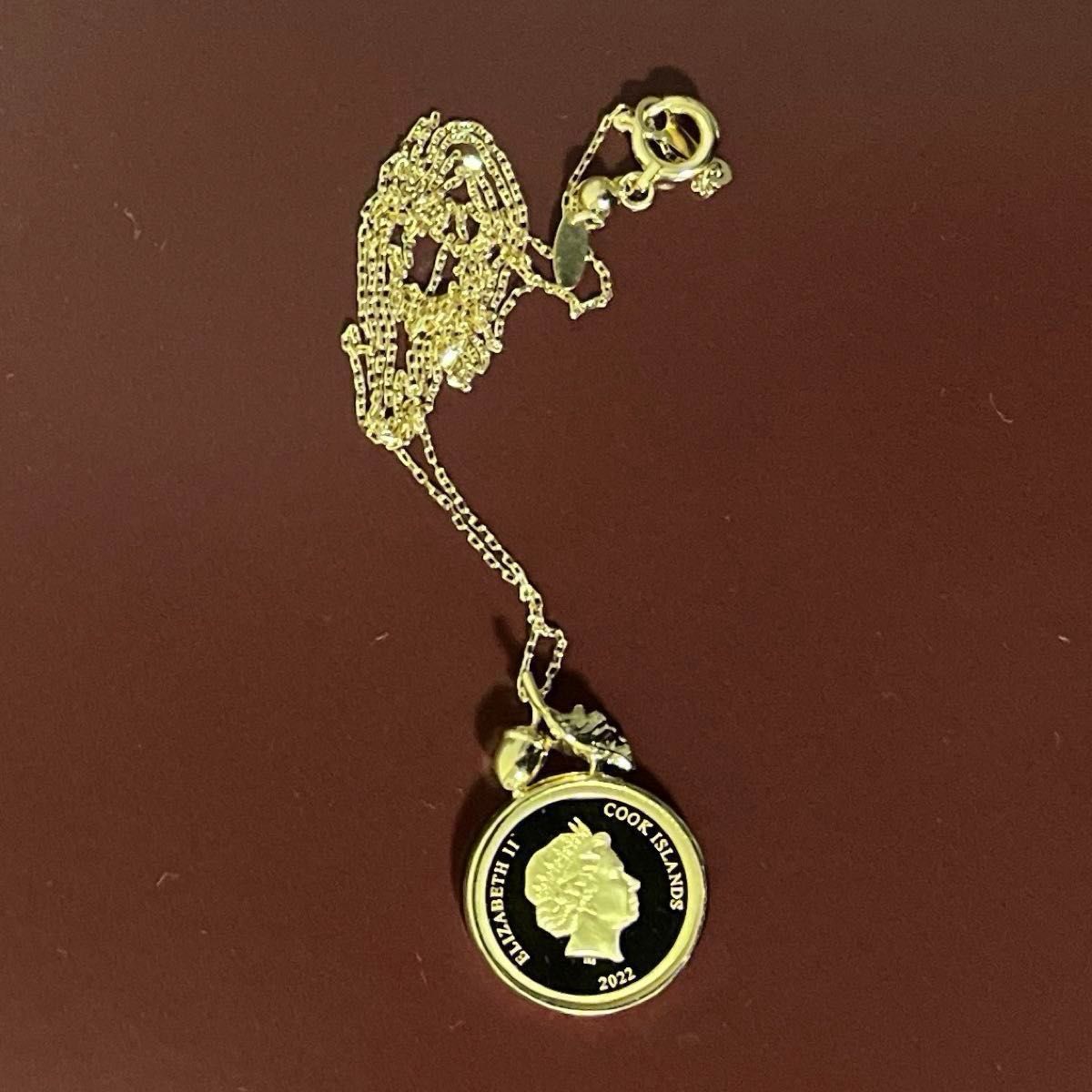 しあわせのテディ金貨 純金コイン宝飾ペンダント　ネックレス　純金メダル　K24  K18 アズキチェーン　アジャスター　ダイヤ付き