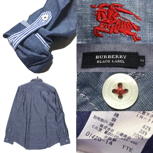  превосходный товар!2(M)* Kiyoshi . чувство * прекрасное качество linen* Burberry Black Label шланг вышивка × воротник обратная сторона полоса лен 2way рубашка с длинным рукавом . пепел BURBERRY BLACK LABEL