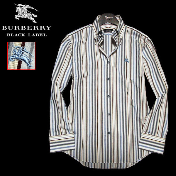  superior article!3(L)* multi stripe × hose embroidery * Burberry Black Label men's BD long sleeve shirt dress shirt BURBERRY BLACK LABEL