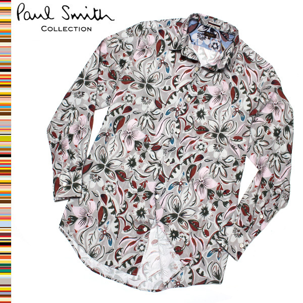 未使用に近い！Mサイズ Paul Smith COLLECTION リネン混 アーティスト フローラル花柄 長袖シャツ■フラワー総柄ポールスミス コレクション_画像1