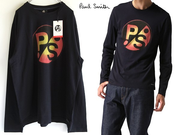 新品 タグ付き PS Paul Smith ポールスミス 2016AW グラデーションロゴプリント デカロゴ ロングTシャツ カットソー TL ネイビー 紺 ロンT_画像1