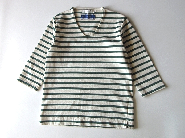 LE TiROiR de DRESSTERIOR ドレステリア フランス製生地 半端袖 Vネック コットン ボーダーカットソー Tシャツ L エクリュ グリーン_画像2