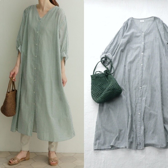 [ prompt decision ]22ss beautiful goods * Urban Research door z thin cotton! stripe One-piece green postage 230 jpy ~(URBAN RESEARCH DOORS)
