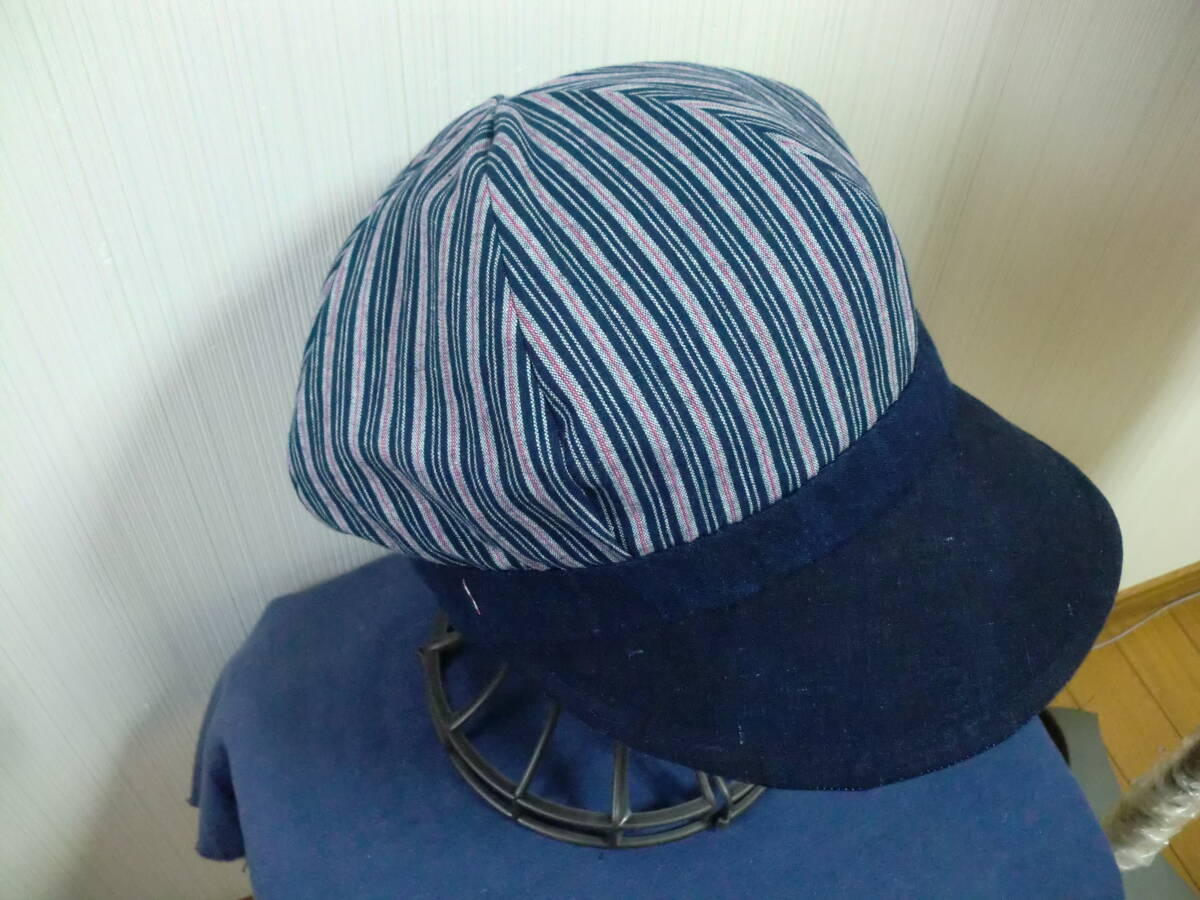 着物リメイク・手作り・藍染無地・アサの葉模様・縞柄模様 ・キャスケット帽子