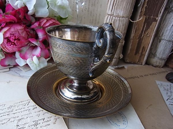 (.) Vintage серебряный plate монограмма cup & блюдце дисплей 