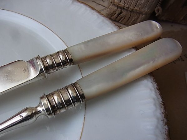 ( Британия ) Vintage ELKINGTON mother ob жемчуг десерт нож & вилка комплект дисплей 