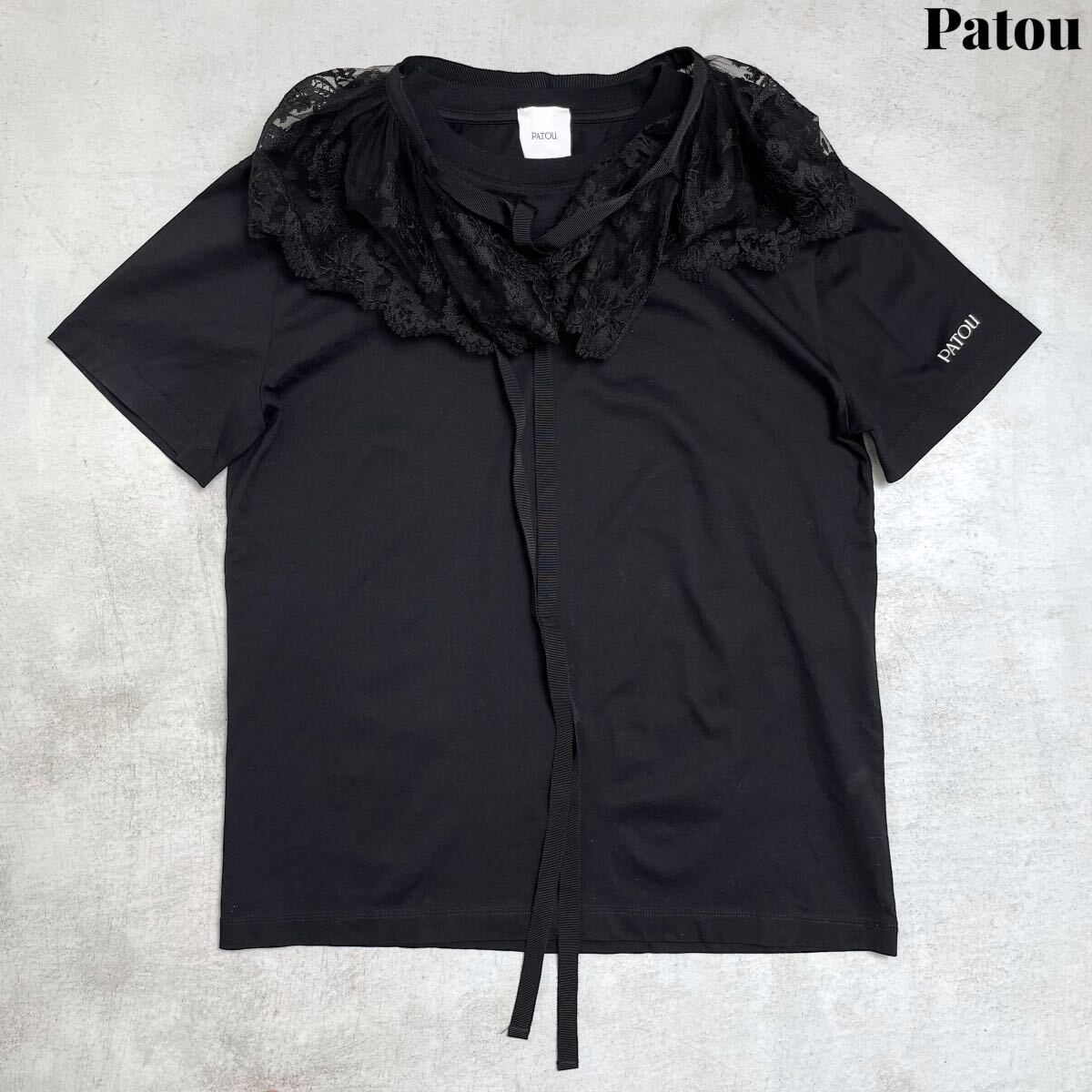 【美品】Patou パトゥ レース 付け襟 半袖 カットソー Tシャツ ロゴ S_画像1