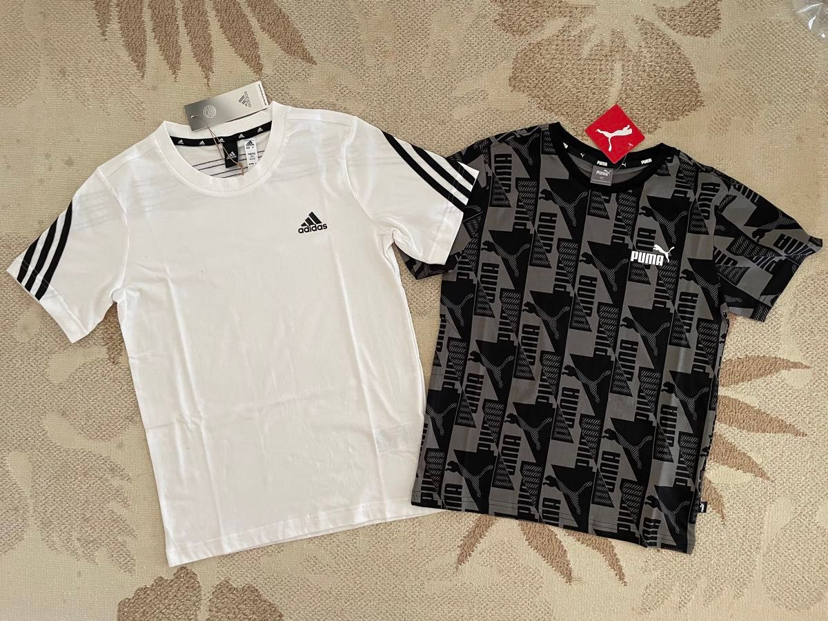 新品 半袖Tシャツ2枚 150 adidas アディダス 3ストライプ ホワイト 白・PUMA プーマ 総ロゴ ブラック 黒　総柄