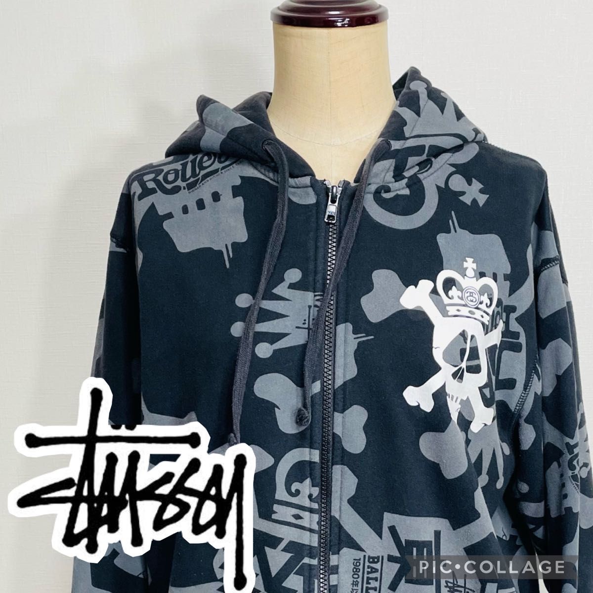 STUSSY ジップパーカー◎スカル総柄 東京 ジップアップパーカー フルジップ ジップアップ