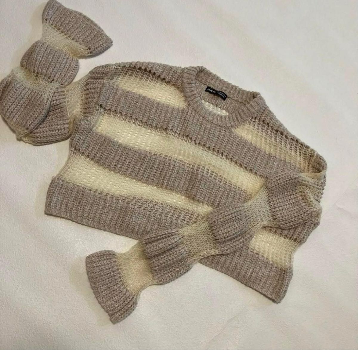 【美品】SHEIN 透かし編み ボーダニット ベージュ系 フリーサイズ セーター 古着 ニット
