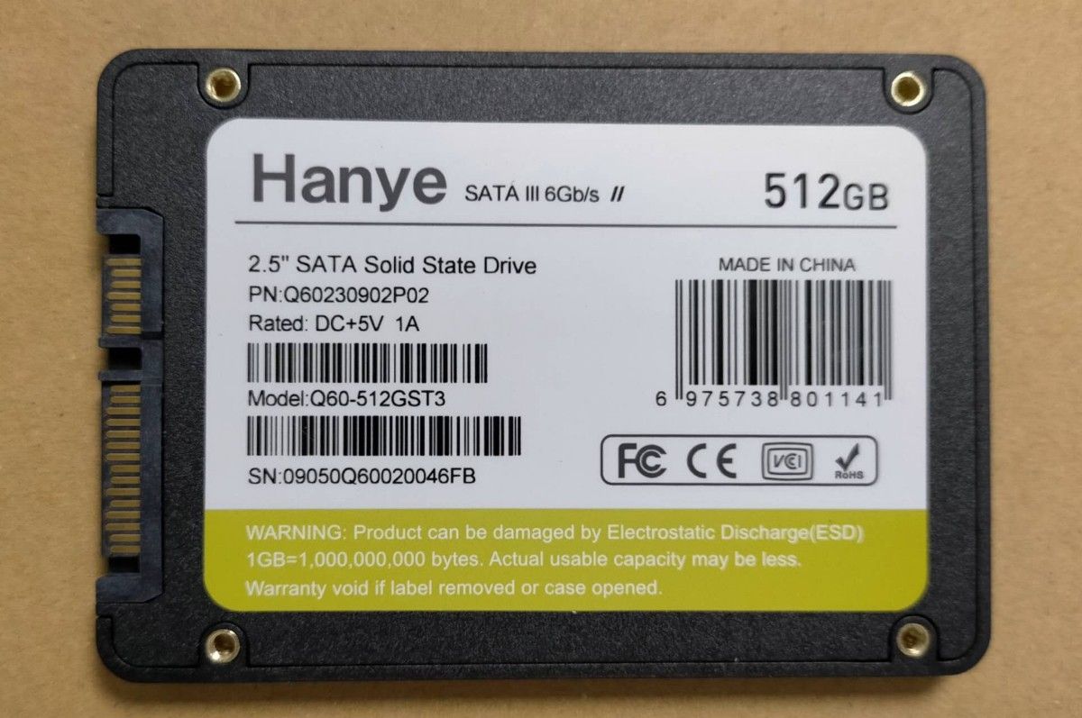 Hanye Q60 SATAIII 2.5インチサイズ SSD 512GB 1枚