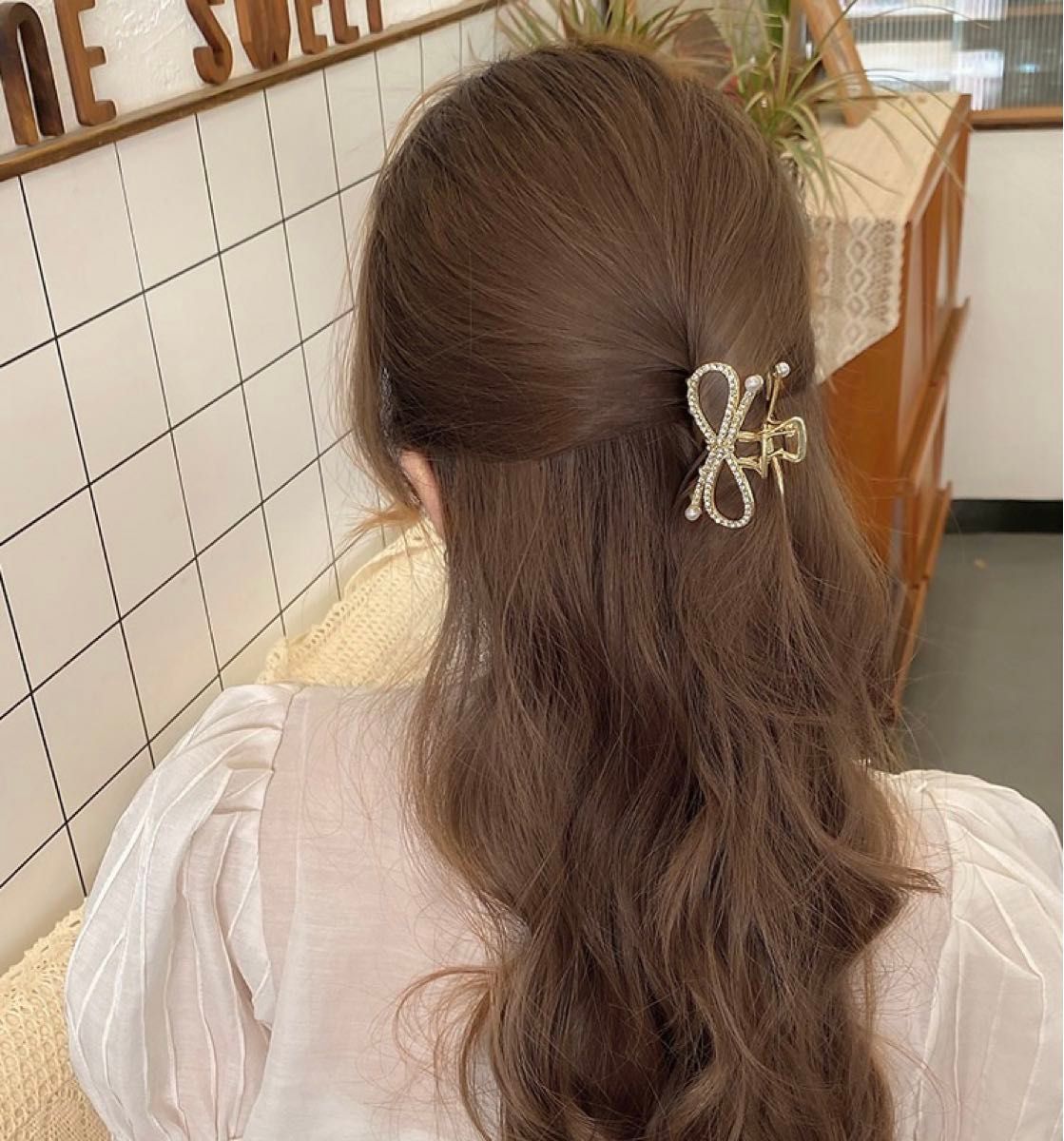 【2点セット】キラキラ  ヘアクリップ　リボン   パールラインストーン バンスクリップ 韓国 ヘアアクセサリー 髪飾り ヘアピン