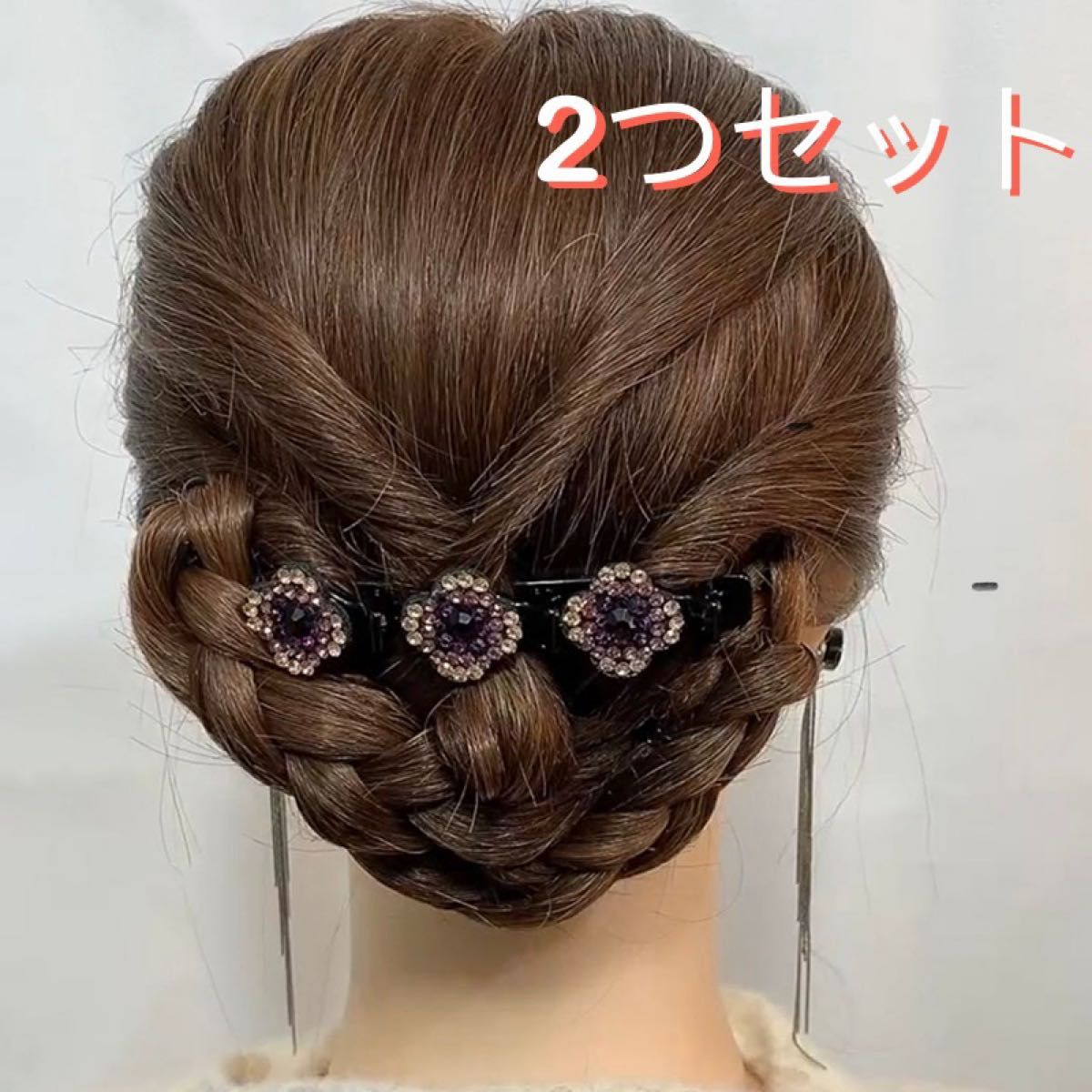 【2個セット】編み込み風 3連 花ヘアクリップ 2点 ヘアピン ヘアゴム 髪飾り　ヘアコーム　ヘアアクセサリー  かんざし 女性用