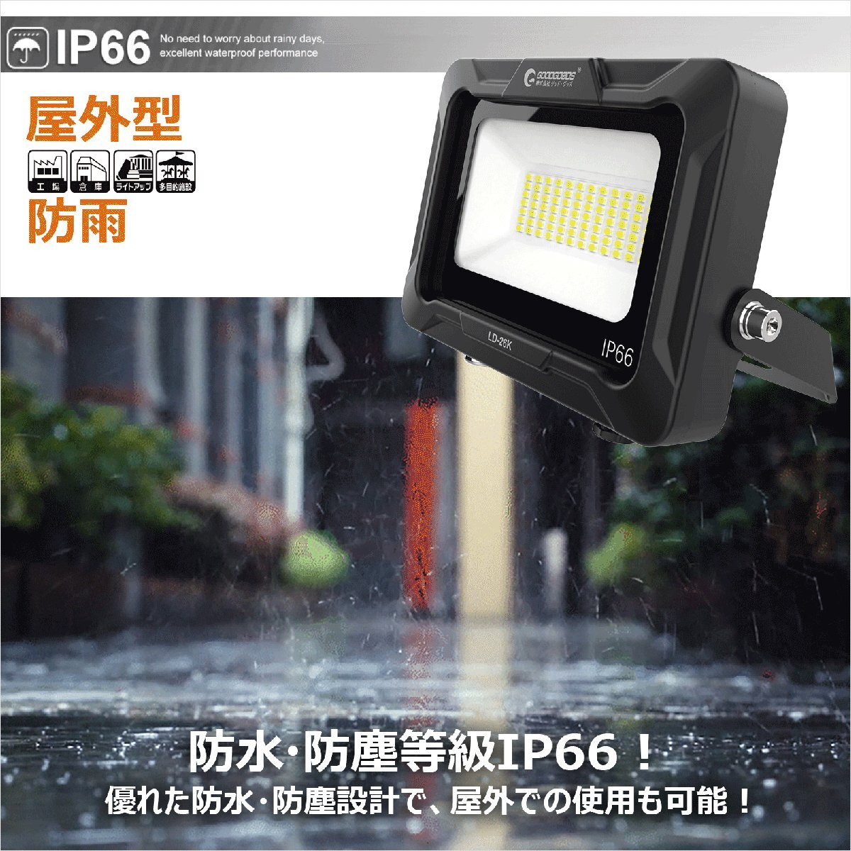 昼白色 GOODGOODS LED投光器 20W 3000lm 5000k 照射角度120° IP66 防水 耐熱 新仕様ステー 通気弁 アース線 高輝度 工場 倉庫 屋外_画像2