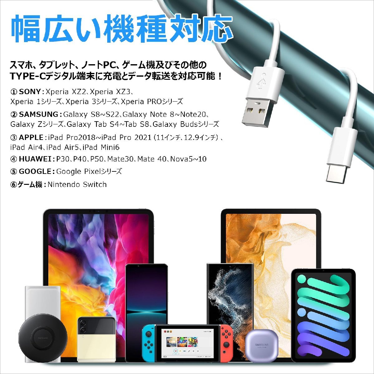 白 充電ケーブル USB Type-C 急速充電 高速データ転送 100cm 白黒二色 USB充電ケーブル 1M apple sony samsung google対応可_画像1