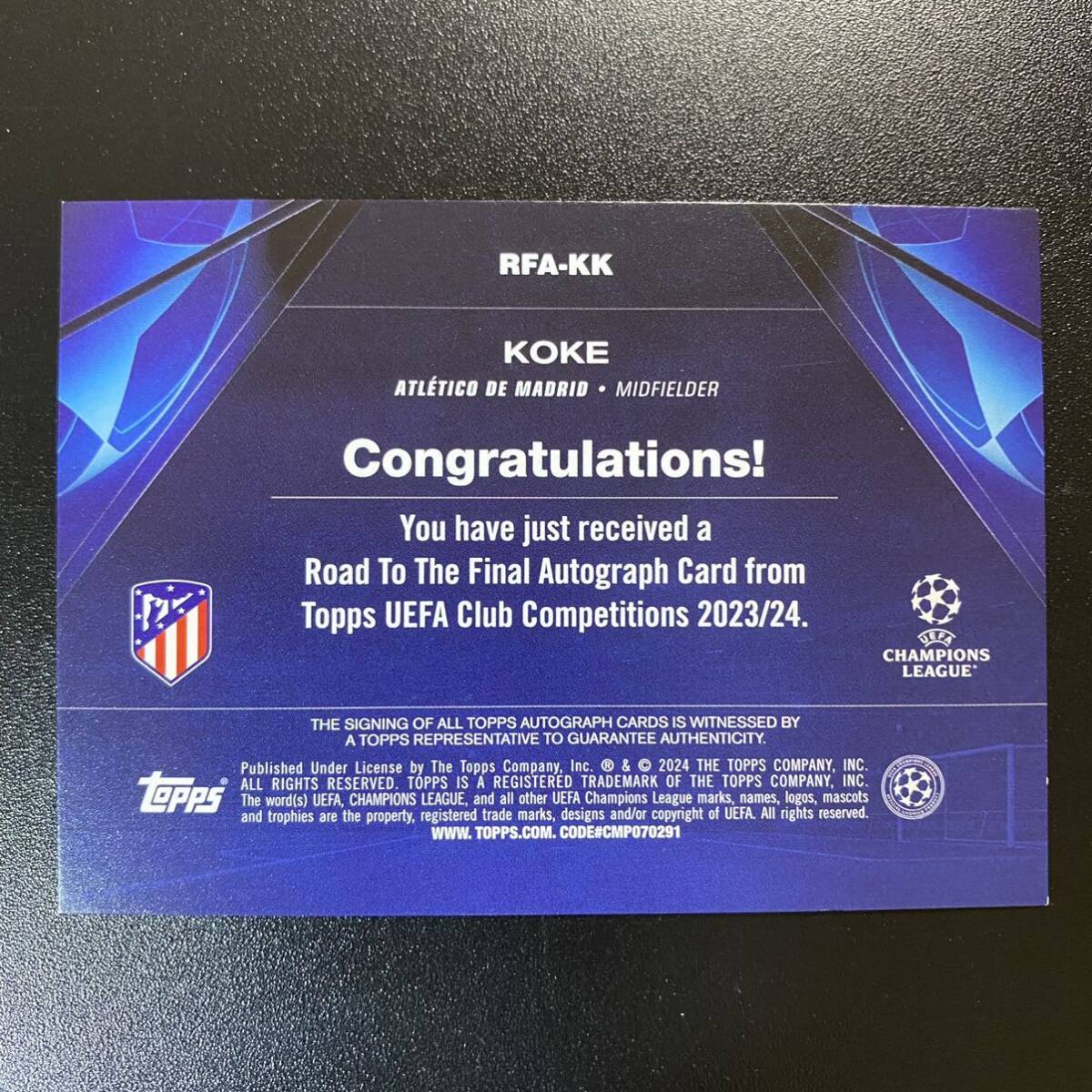 2023-24 Topps UEFA Club Competitions Road To London Koke Auto Atletico de Madrid 直筆サインカード コケの画像2