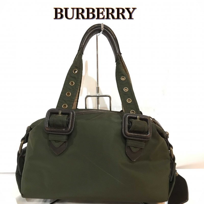 ＢＵＲＢＥＲＲＹ ハウスチェック柄 鞄 ミニバッグ 革 緑 バーバリー ミニボストンバッグ ナイロンレザー ダークカーキ 鞄/269_画像1