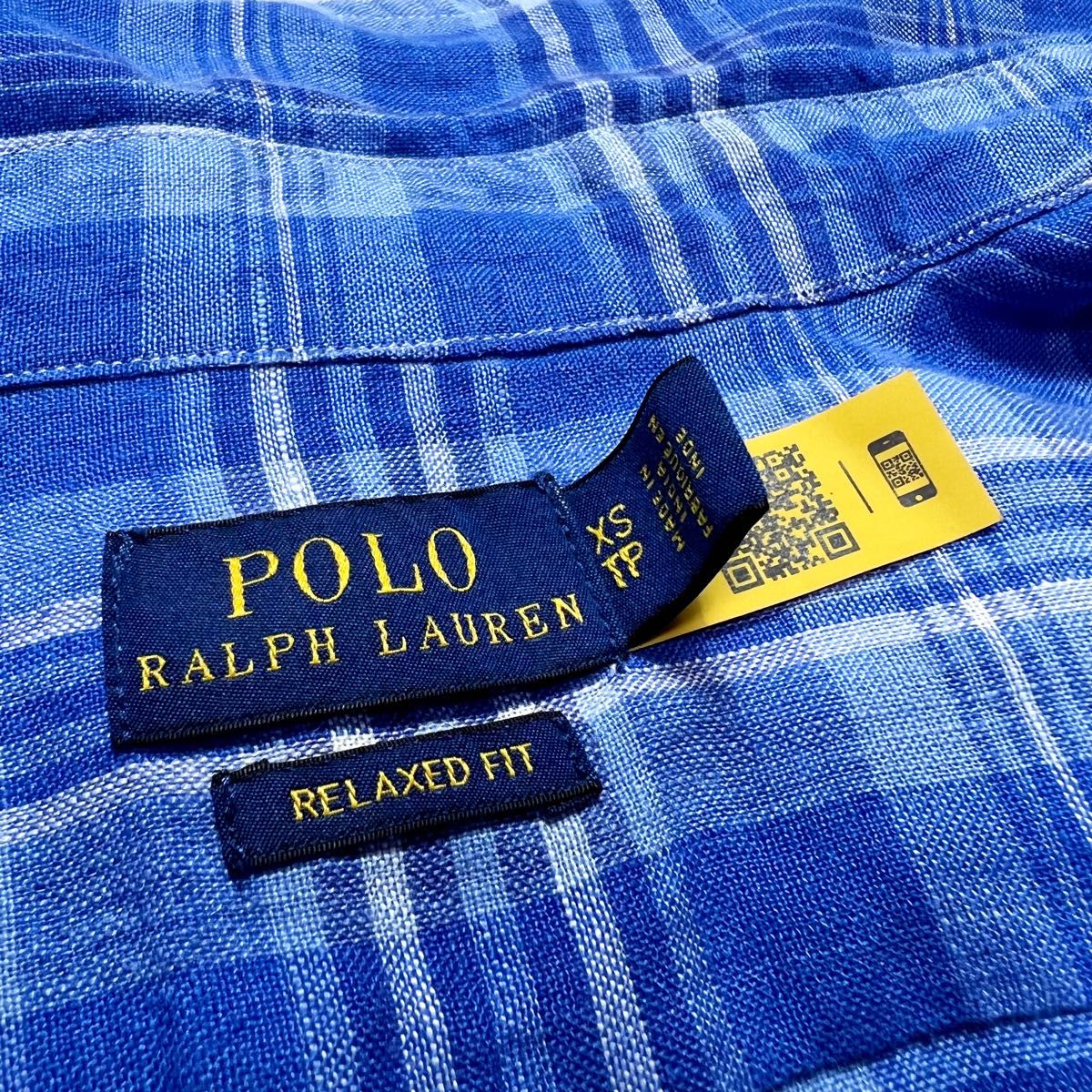 ラルフローレン　レディース　現行QRタグ　リネン　麻　チェックシャツ　長袖　ポニー刺繍　ブルー　L相当　未使用級美品