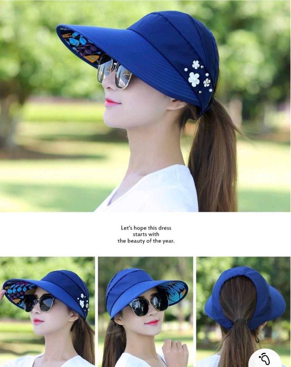 帽子　サンバイザー　花柄　UVカット　紫外線対策　ボタニカル　ゴルフ　お散歩　ネイビー
