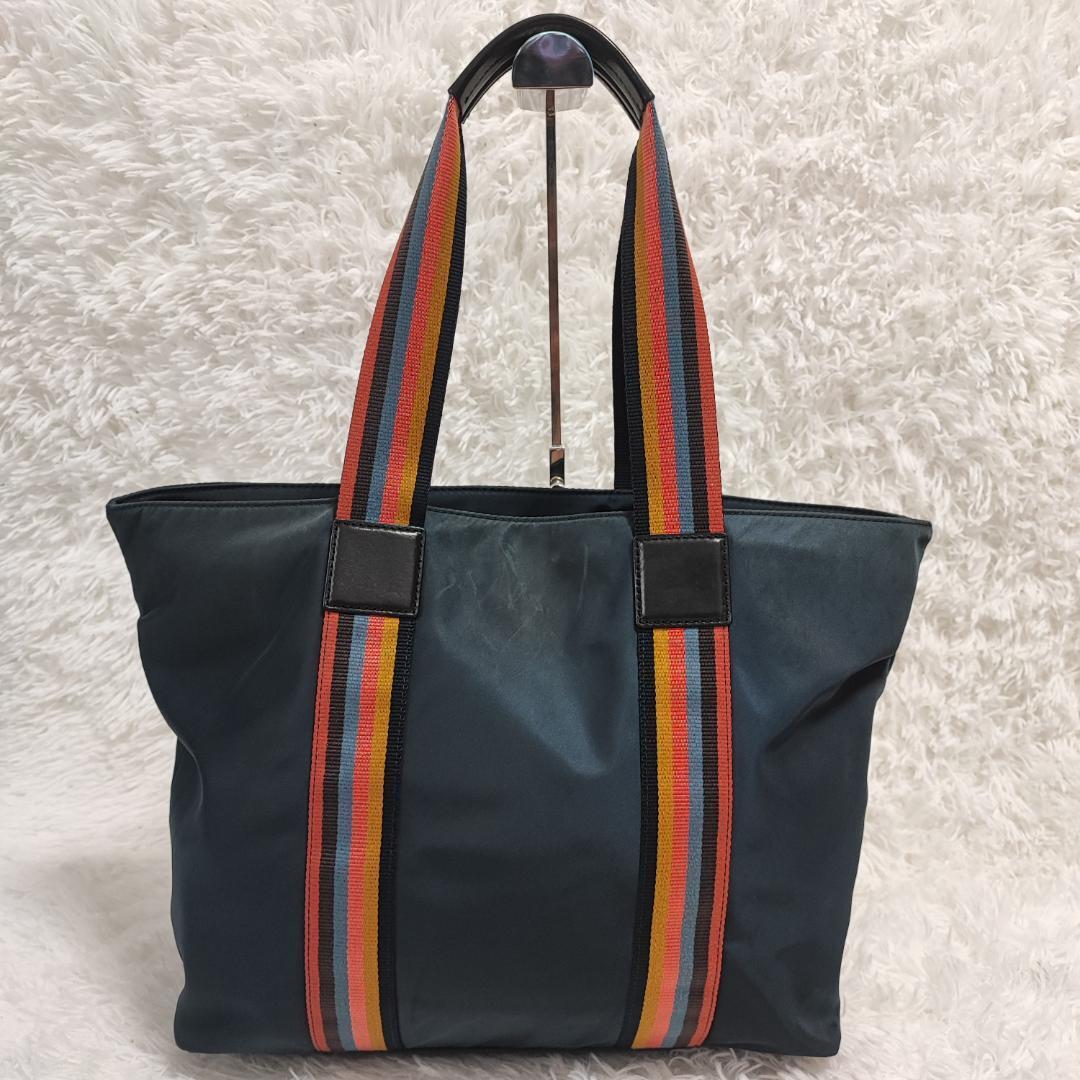 1円【極美品】A4 大容量 Paul Smith ポールスミス マルチストライプ トートバッグ ハンドバッグ ナイロン レザー ロゴ メンズ ネイビー _画像3