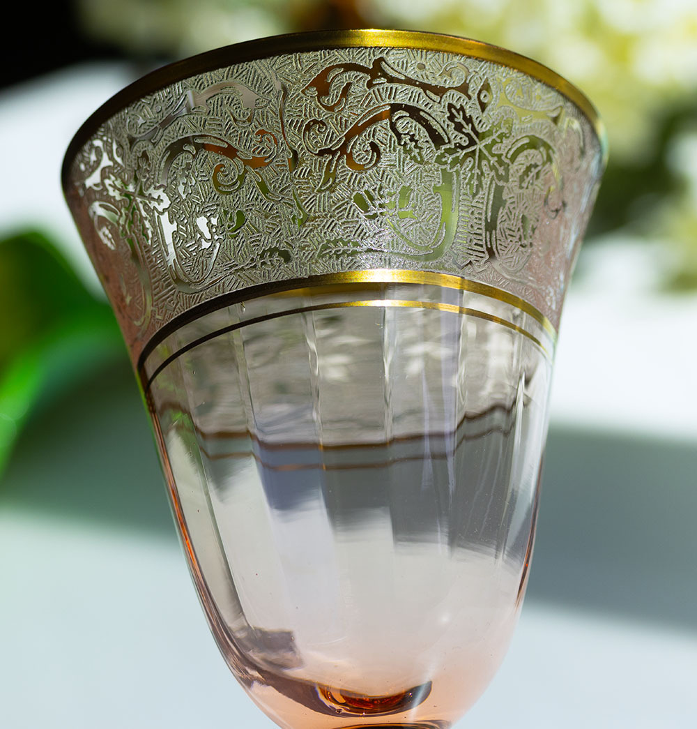 1930年代 グラストベリー クリスタル ピンク ゴールド ローズ エッチング ゴブレット シャンパン ワイングラス 薔薇 バラ 酒 アンティーク_画像2