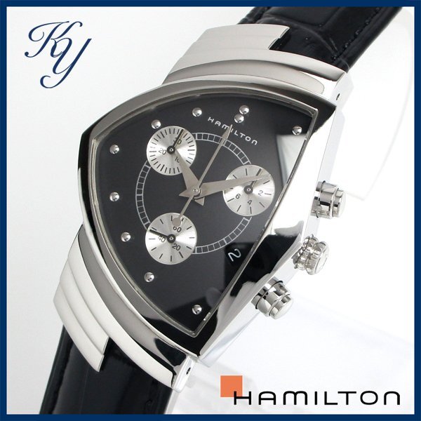 1円～ 3ヶ月保証付き 磨き済み 美品 本物 定番 人気 HAMILTON ハミルトン ベンチュラ クロノグラフ 革ベルト ブラック メンズ 時計の画像1