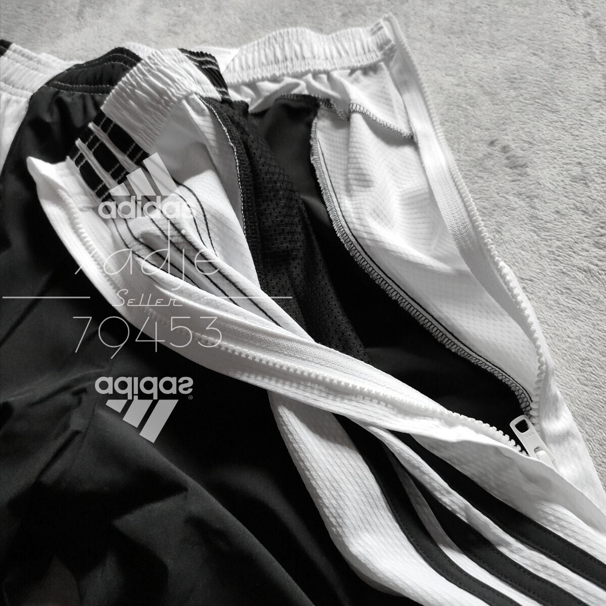 新品 正規品 adidas アディダス サイドファスナー付き ジャージ パンツ 三本ライン テーパード 黒 ブラック ロゴ プリント L_画像6