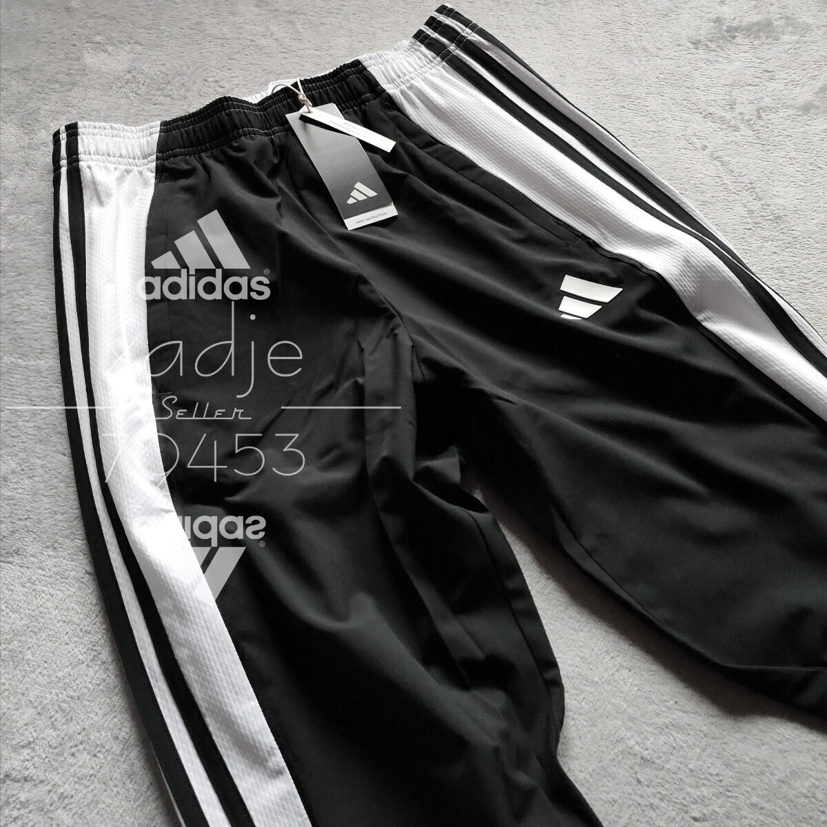 新品 正規品 adidas アディダス サイドファスナー付き ジャージ パンツ 三本ライン テーパード 黒 ブラック ロゴ プリント XLの画像4