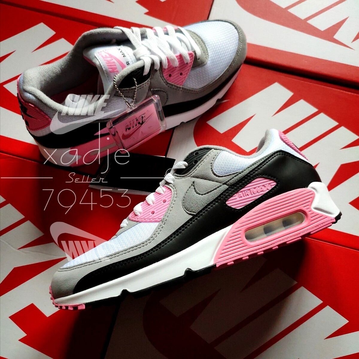 新品 正規品 NIKE ナイキ AIR MAX 90 エアマックス 白 ホワイト ピンク 黒 グレー WMNS 27.5cm (実質26.5~27cm) US10.5 箱付きの画像1